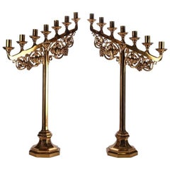 Pair of Gilt Gothic Style Seven-Light Candelabra with Grape and Leaf Motif