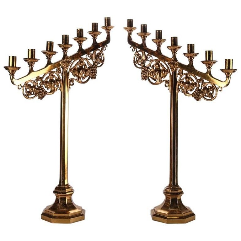 Pair of Gilt Gothic Style SevenLight Candelabra with Grape and Leaf