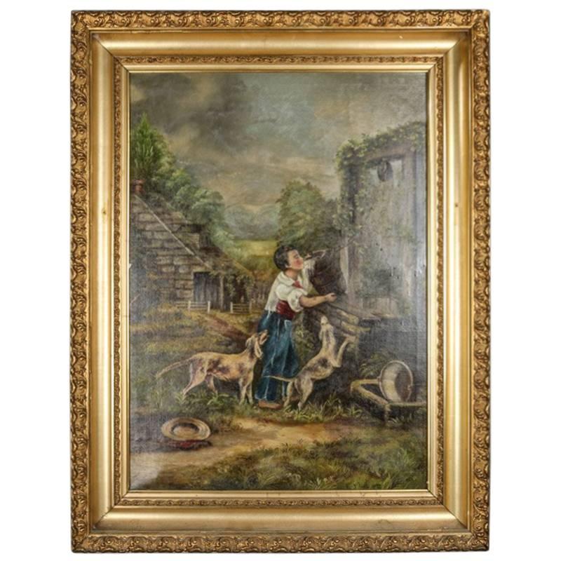 Antique Oil on Canvas Painting of Boy Drinking at the Well, Framed, 19th Century