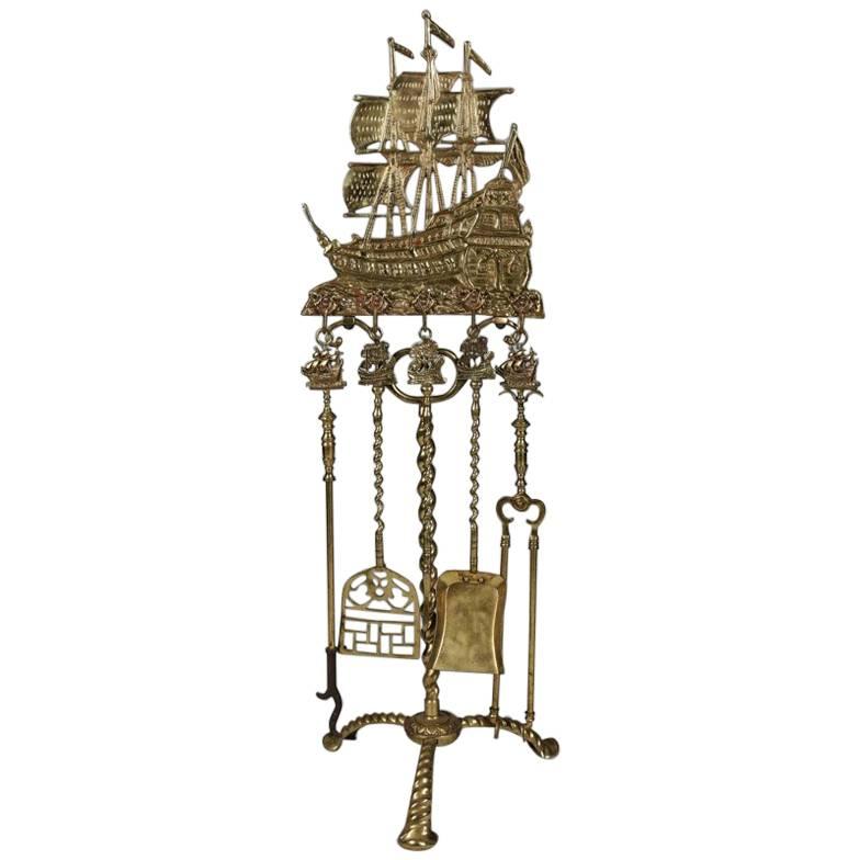Antique Brass Nautical Tall Mast Clipper Ship Fireplace Tool Set, 20th Century