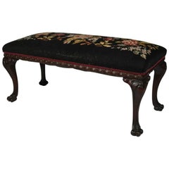 Antique Chippendale Carved Mahogany Bench with Floral Needlepoint Cushion