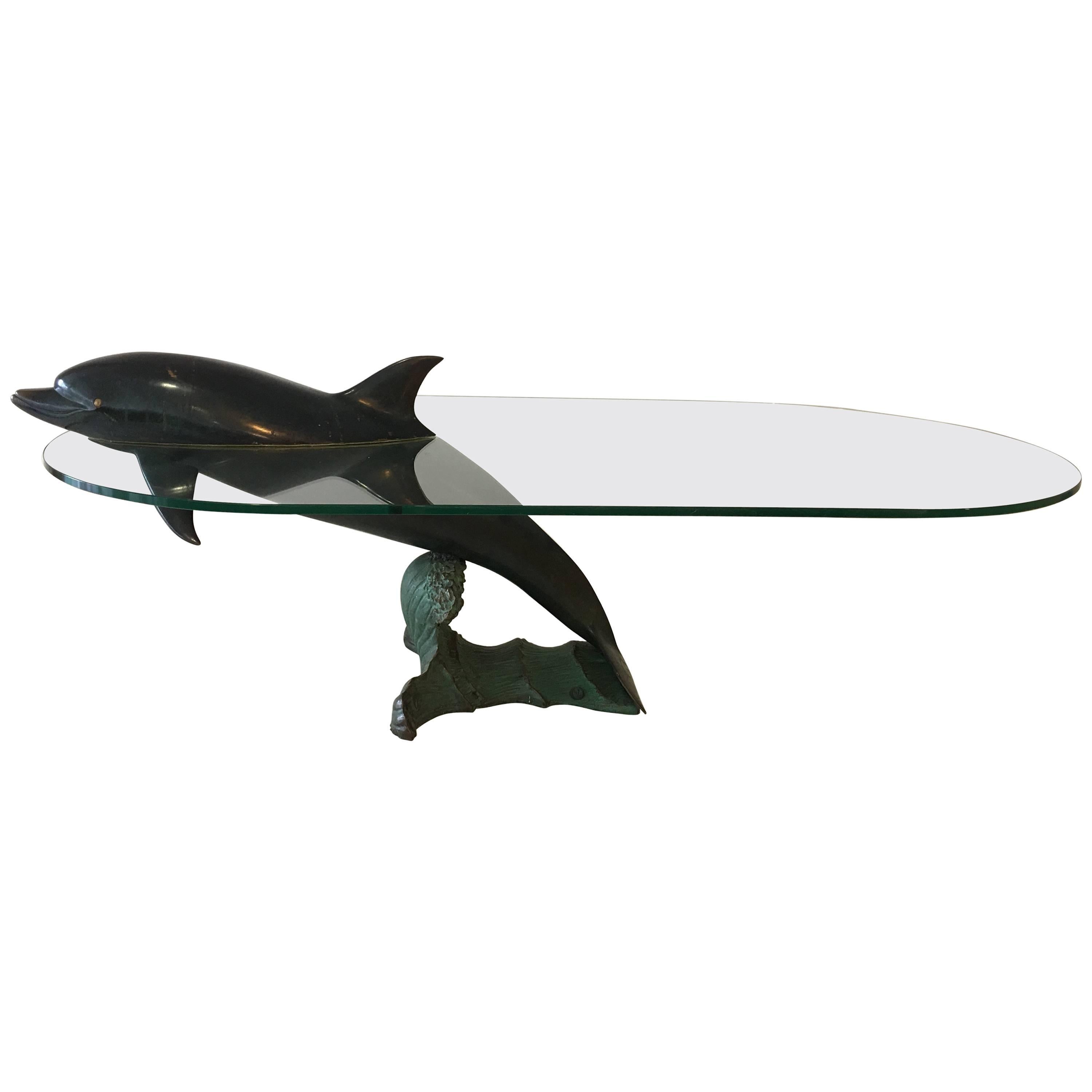 Coffee Table 'Dolphin' Solid Brass and Glass, Valenti, Spain, 20th Century For Sale