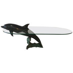 Coffee Table 'Dolphin' Solid Brass and Glass, Valenti, Spain, 20th Century