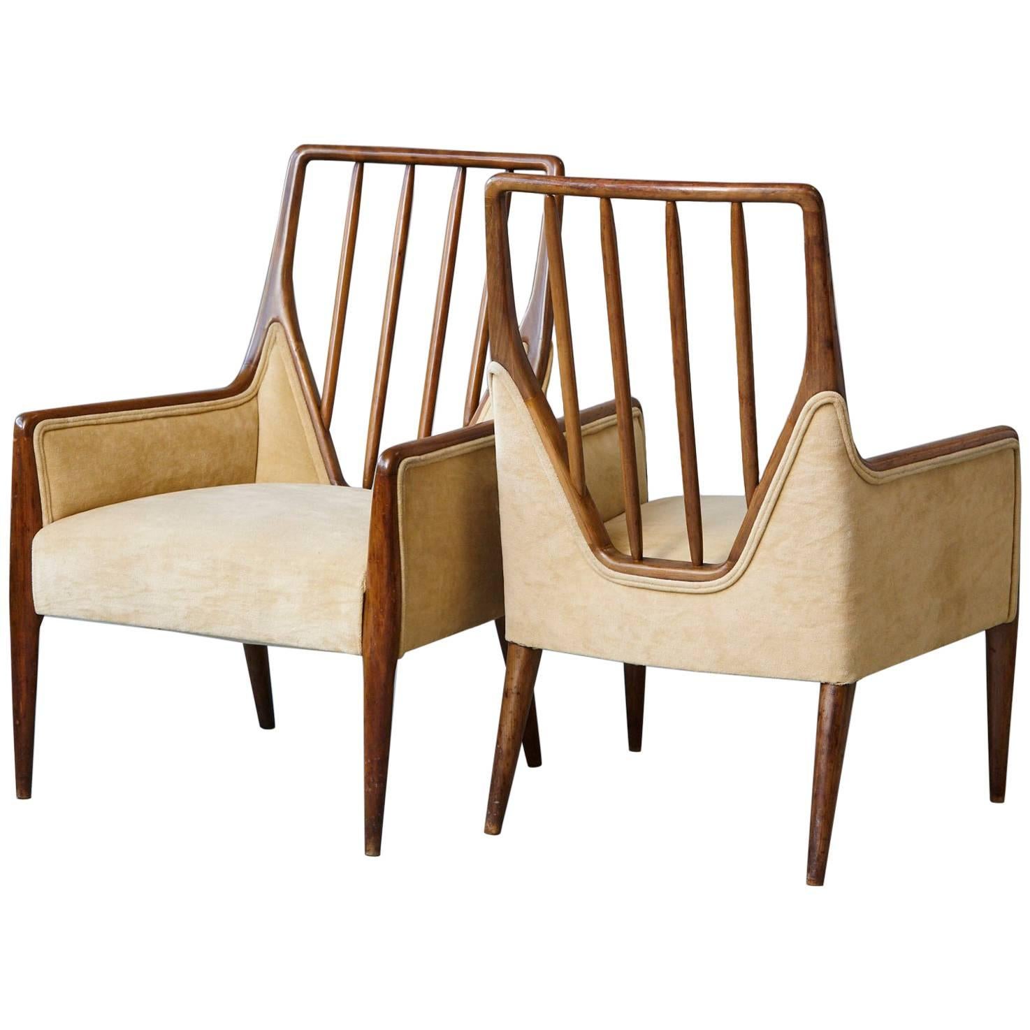 Pair of High Back Walnut Lounge Chairs in the Style of T.H. Robsjohn Gibbings