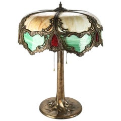 Antique Art Nouveau Slag Glass and Gilt Bronze Lamp by Charles Parker