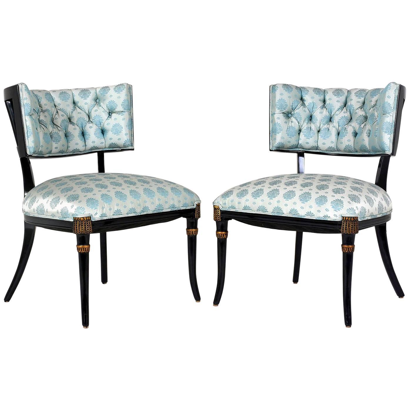 Pair of Midcentury Regency-Style Ebonized Lounge Chairs