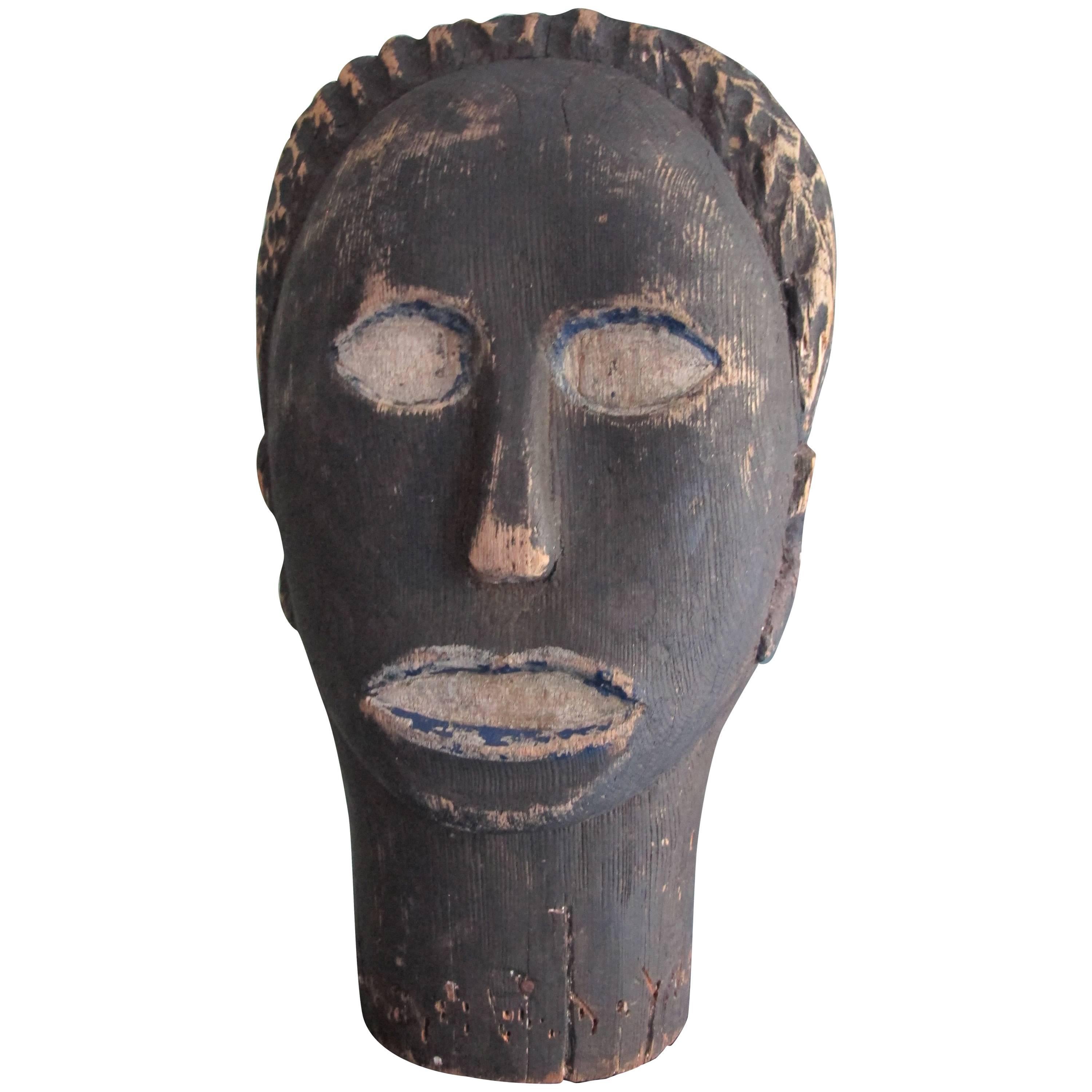 Black Wood Head Folk Art Sculpture For Sale
