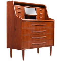 Randers Danish Teak Secretary with Pull-Out Desk Top & Drop-Down Vanity Mirror