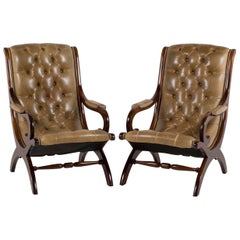 Rare Pair of Mahogany Framed Leather Library Chairs