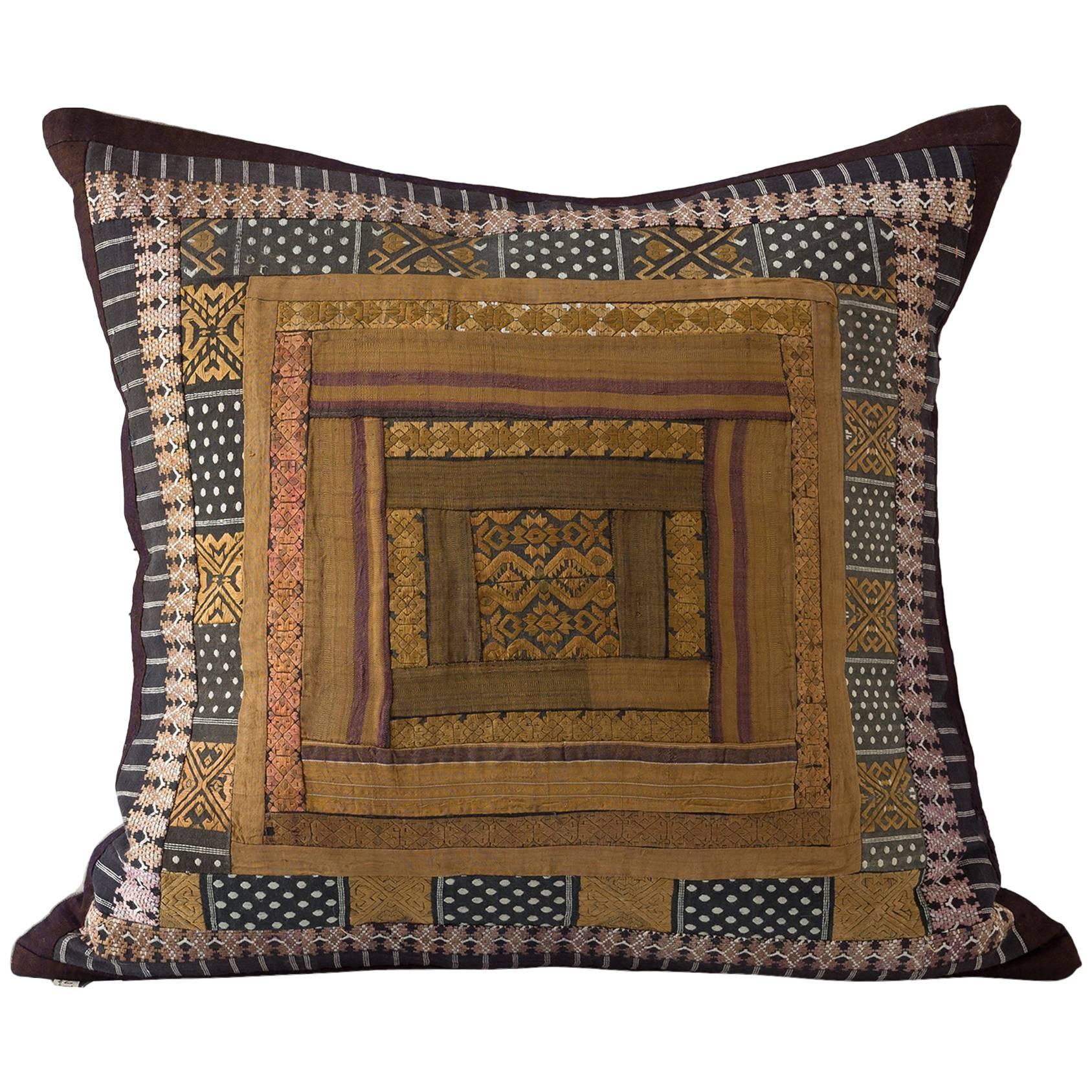 Concentric Square Embroidery Cushion, Bronze Gold Black