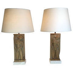 Pair of Midcentury Carved Wood Table Lamps