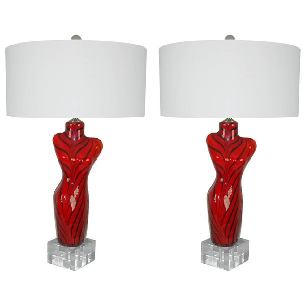 Matched Pair of Venus De Milo Murano Lamps in Tiger Stripes For Sale