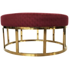 Upholstered Round Ottoman or Coffee Table with Solid Brass Base