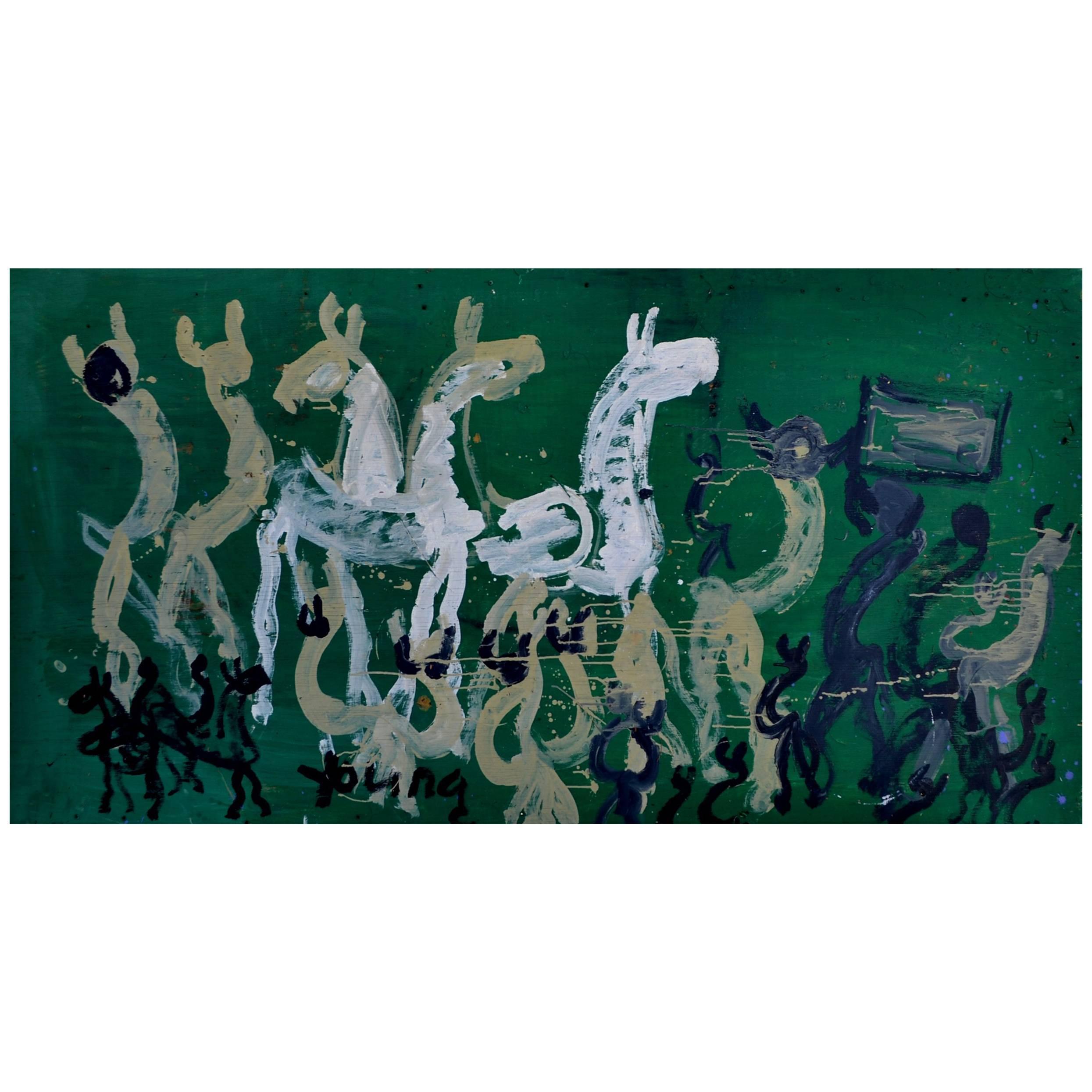 Large Abstract Painting of Horses on Kelly Green by Purvis Young For Sale
