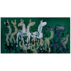 Large Abstract Painting of Horses on Kelly Green by Purvis Young