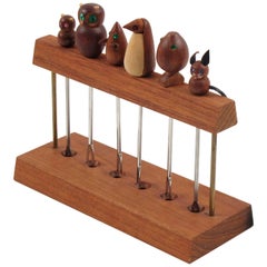 French Mid-Century Modern Teak Barware Cocktail Picks Carved Animals, 1960s