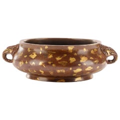 Chinese Gilt Splashed Bronze Bowl or Censer with Elephant Handles