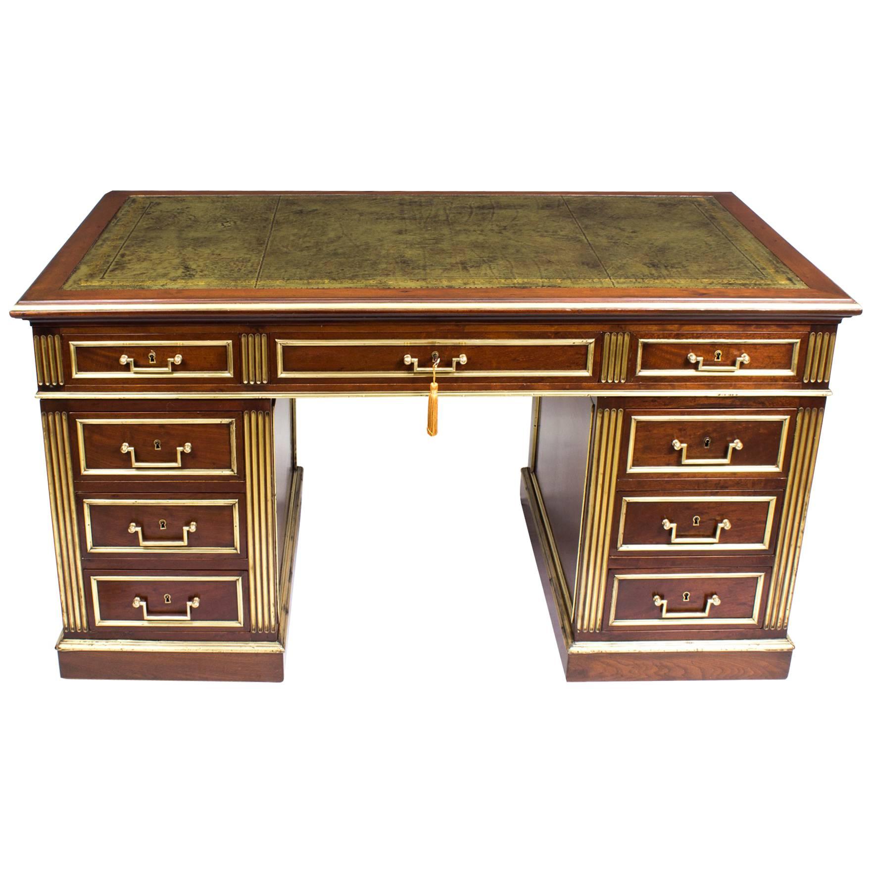 19th Century Empire Revival Mahogany and Brass Set Pedestal Desk