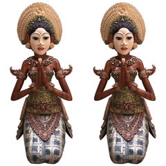 Spectacular Painted Teak Sculptures, Bali, Late 20th Century, Set of Two