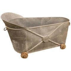 Antique French Zinc Bath on Wheels, 19th Century