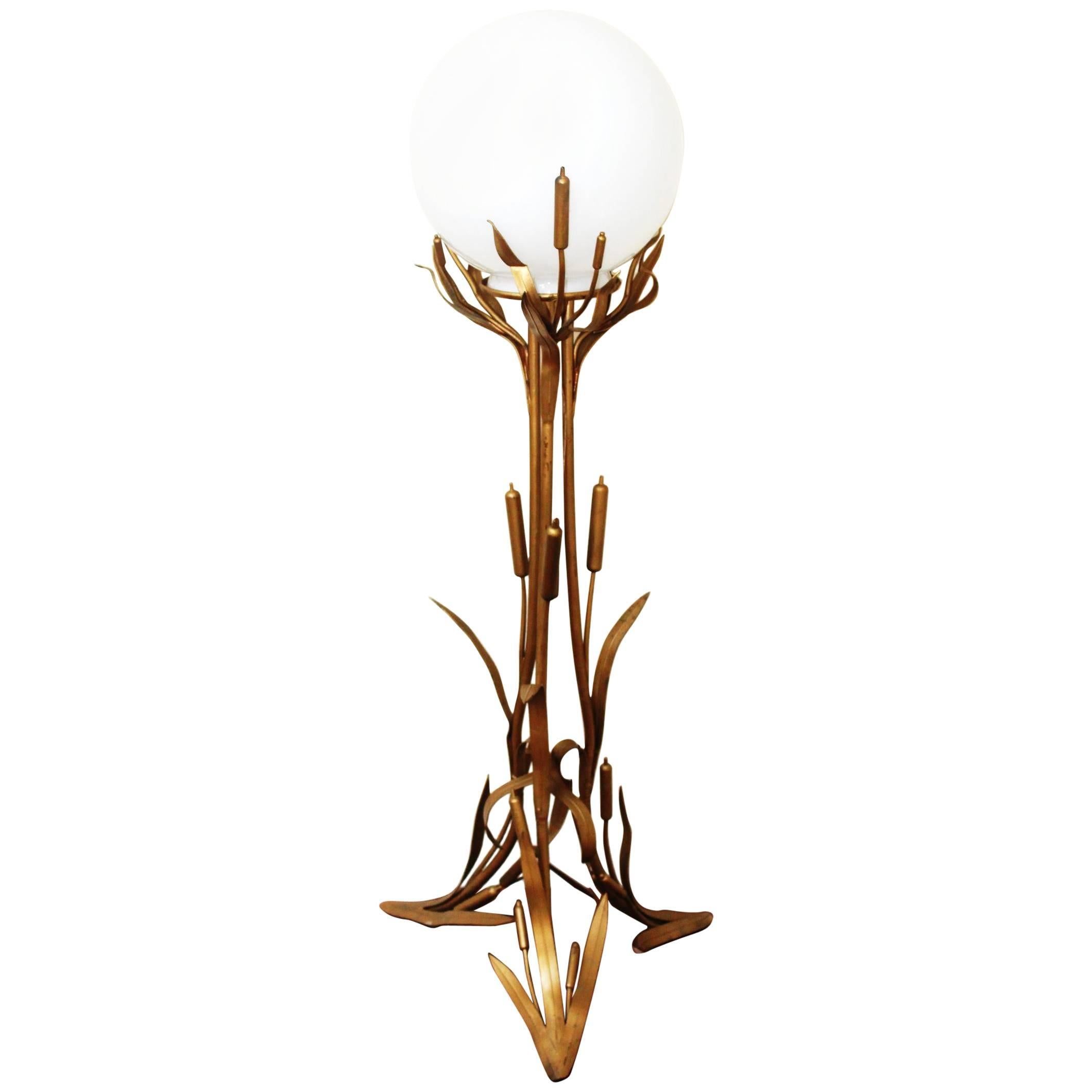 1960s Brass Cattail Floor Lamp with Glass Shade , Europe 