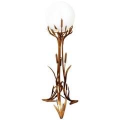 Vintage 1960s Brass Cattail Floor Lamp with Glass Shade , Europe 