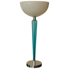 1980, Huge Glass Chrome Table Lamp Turquoise Foot Opal Shade by Jeannot Cerutti