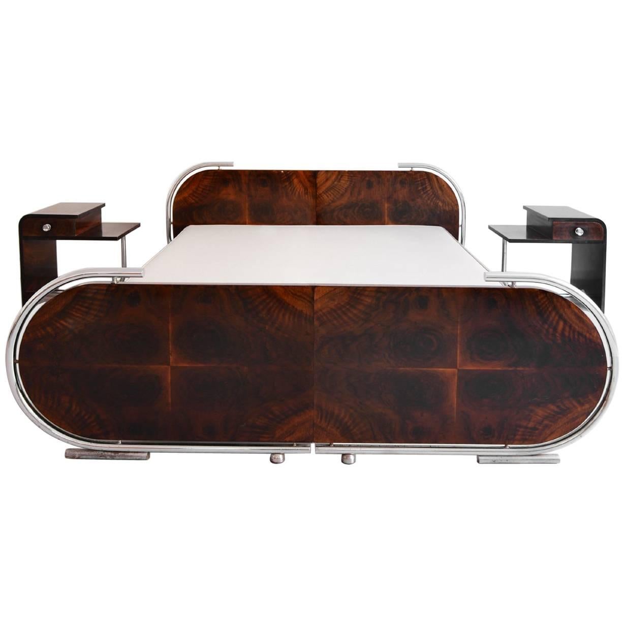 Art Déco-Streamline Double Bed, Tubular Steel, Painted Wood, Germany, circa 1930