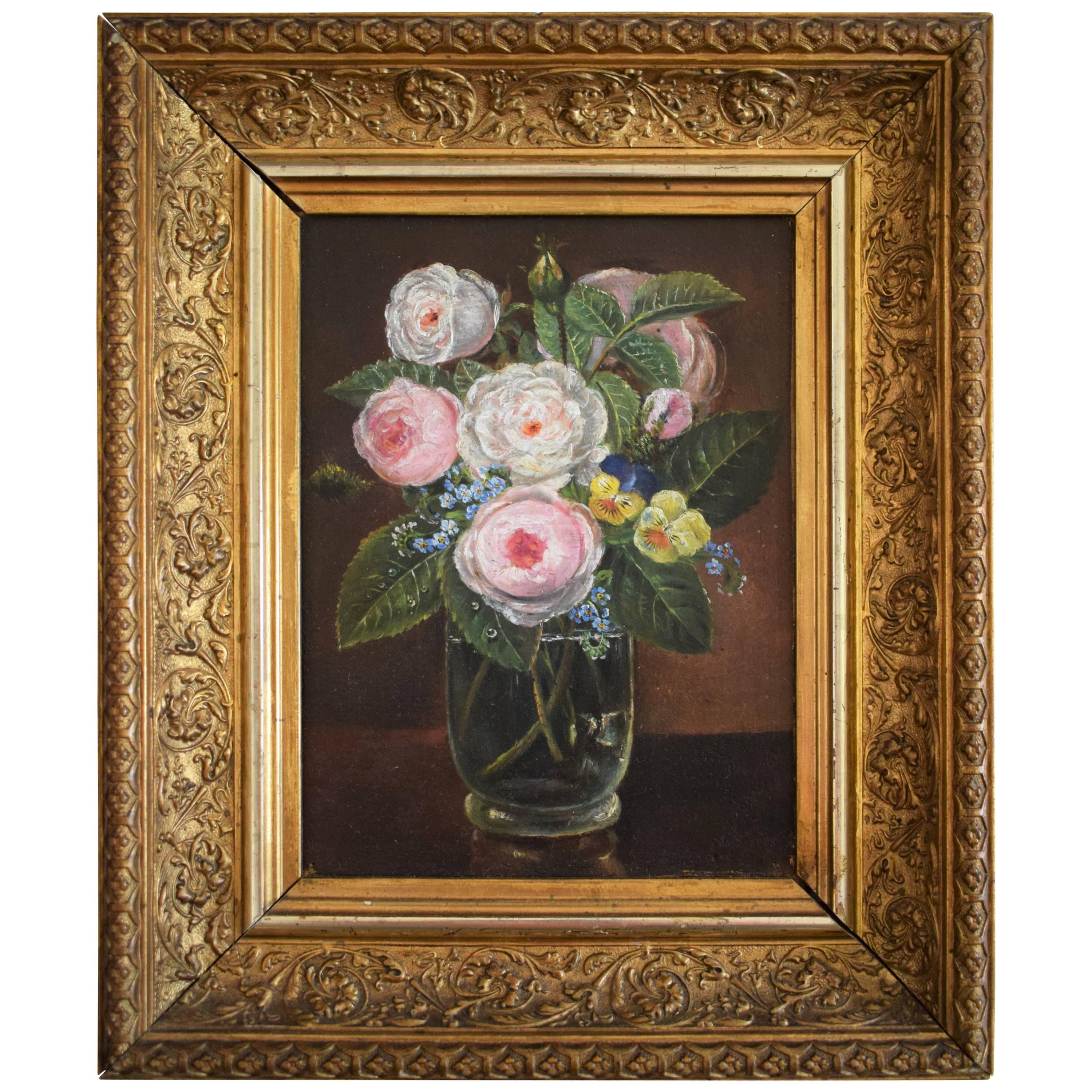 Still Life of Pink Roses in Vase, Mid-19th Century For Sale