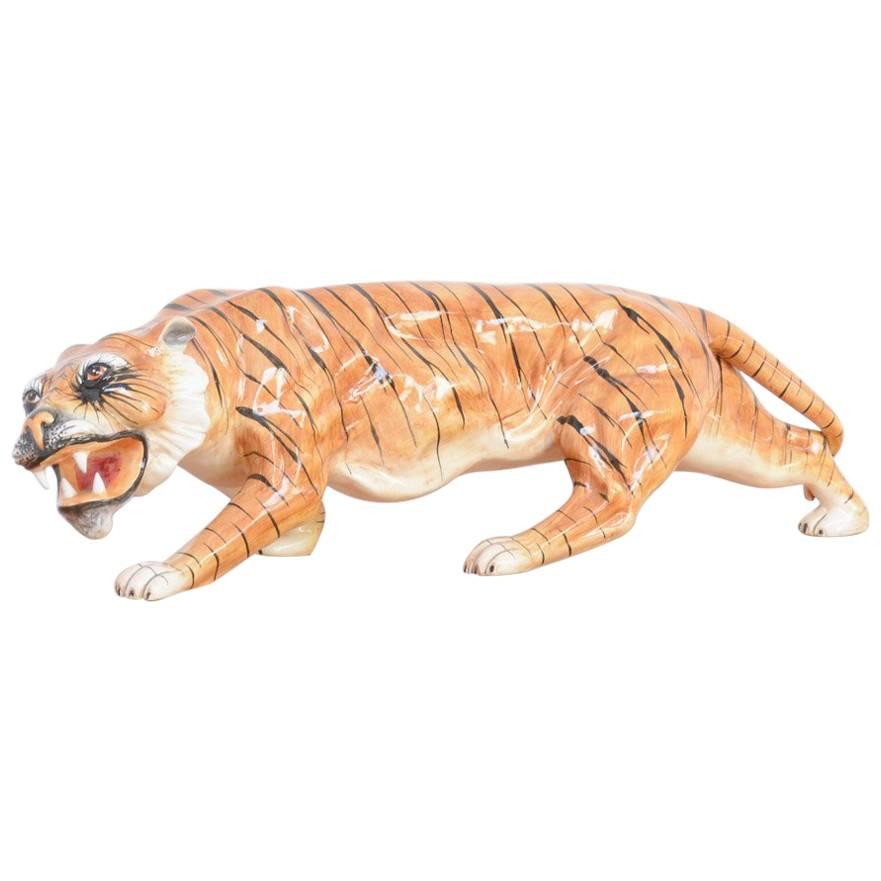 Porcelain Sculpture of a Walking Tiger