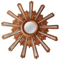 Antique 1900 Italian Giltwood Starburst Mirror with Mirrored Rays