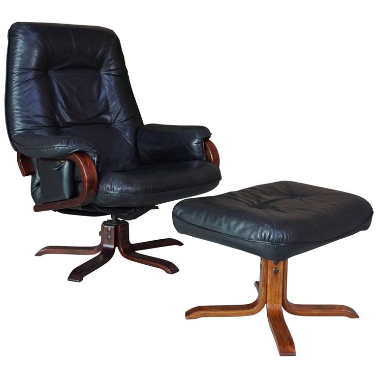 Set of Scandinavian Leather Recliner Armchair and Ottoman at 1stDibs