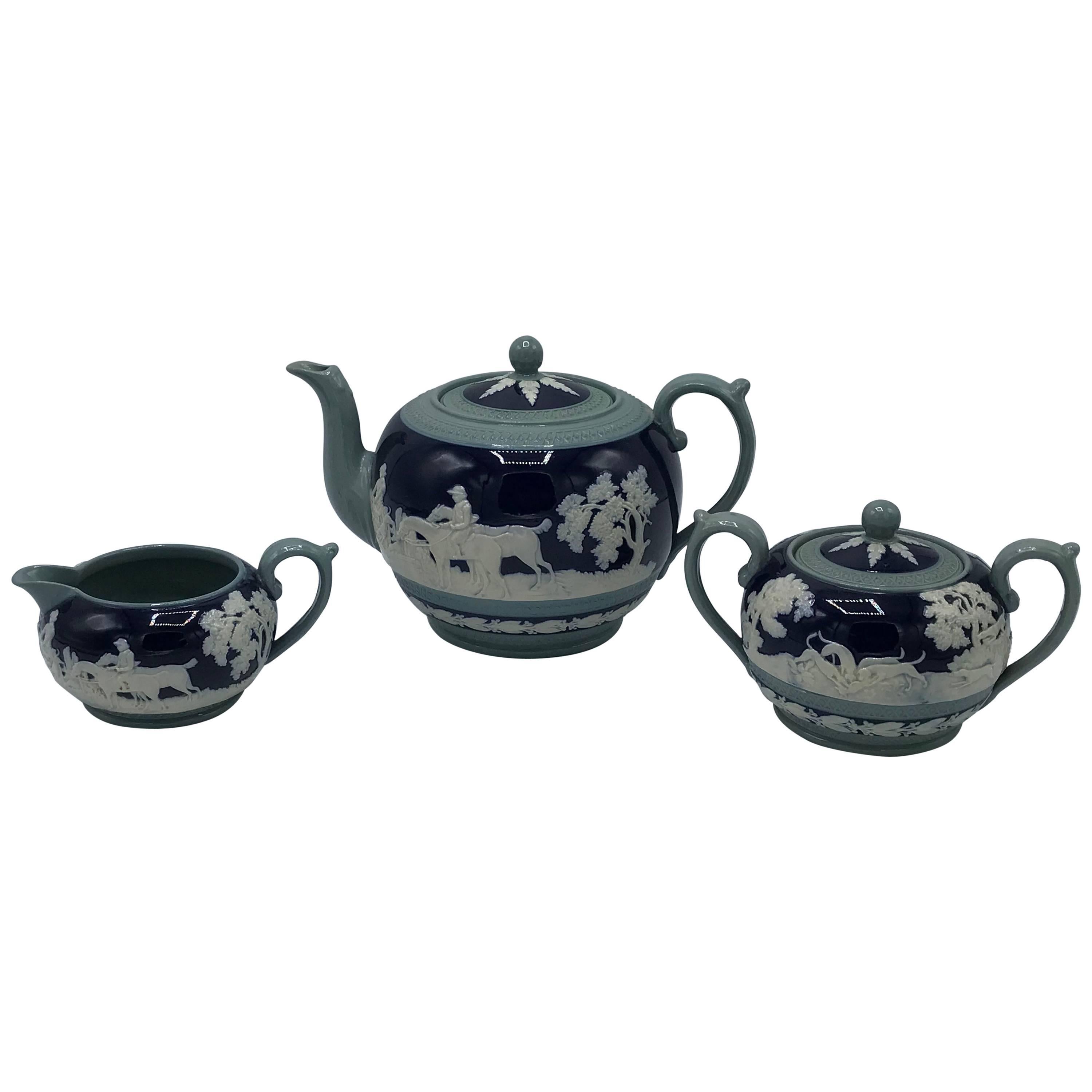 19th Century Copeland Spode Cobalt and White Hunting Scene Tea Set, Set of Three