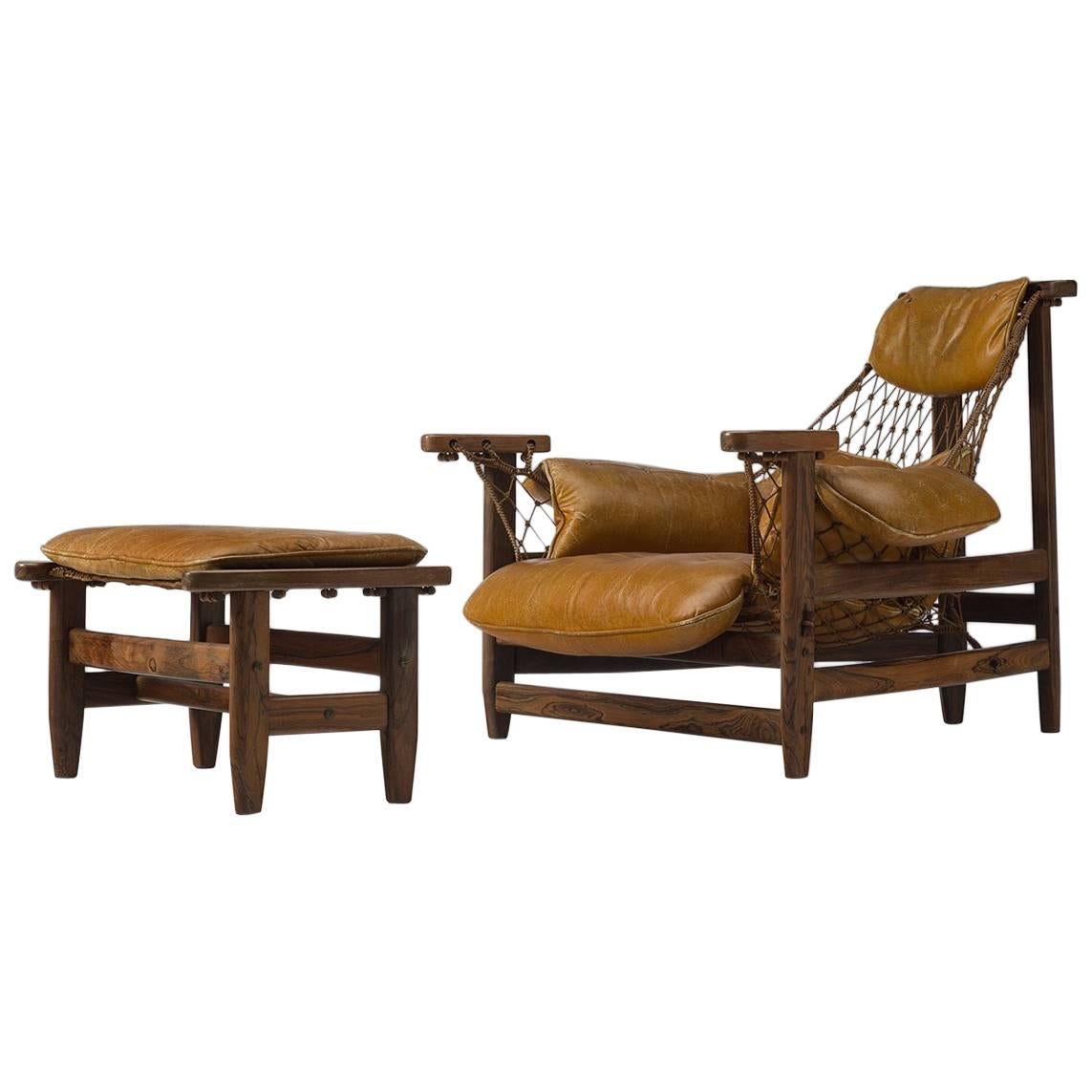 Jean Gillon 'Jangada' Brazilian Armchair and Ottoman in Original Leather