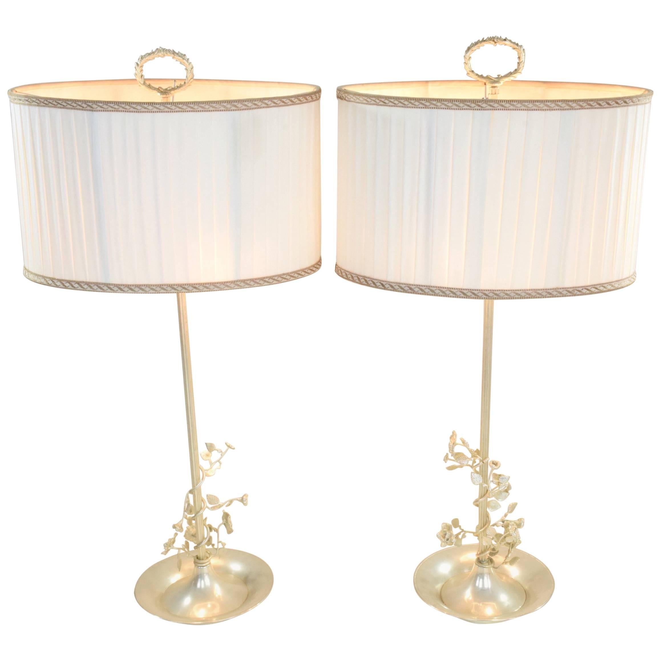 20th Century Pair of Silver Plated Flower Lamps, Spain, 1960s For Sale