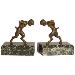 Art Deco Pair of Half Boy, Half Goat or Satyr Bronze on Marble Bookends