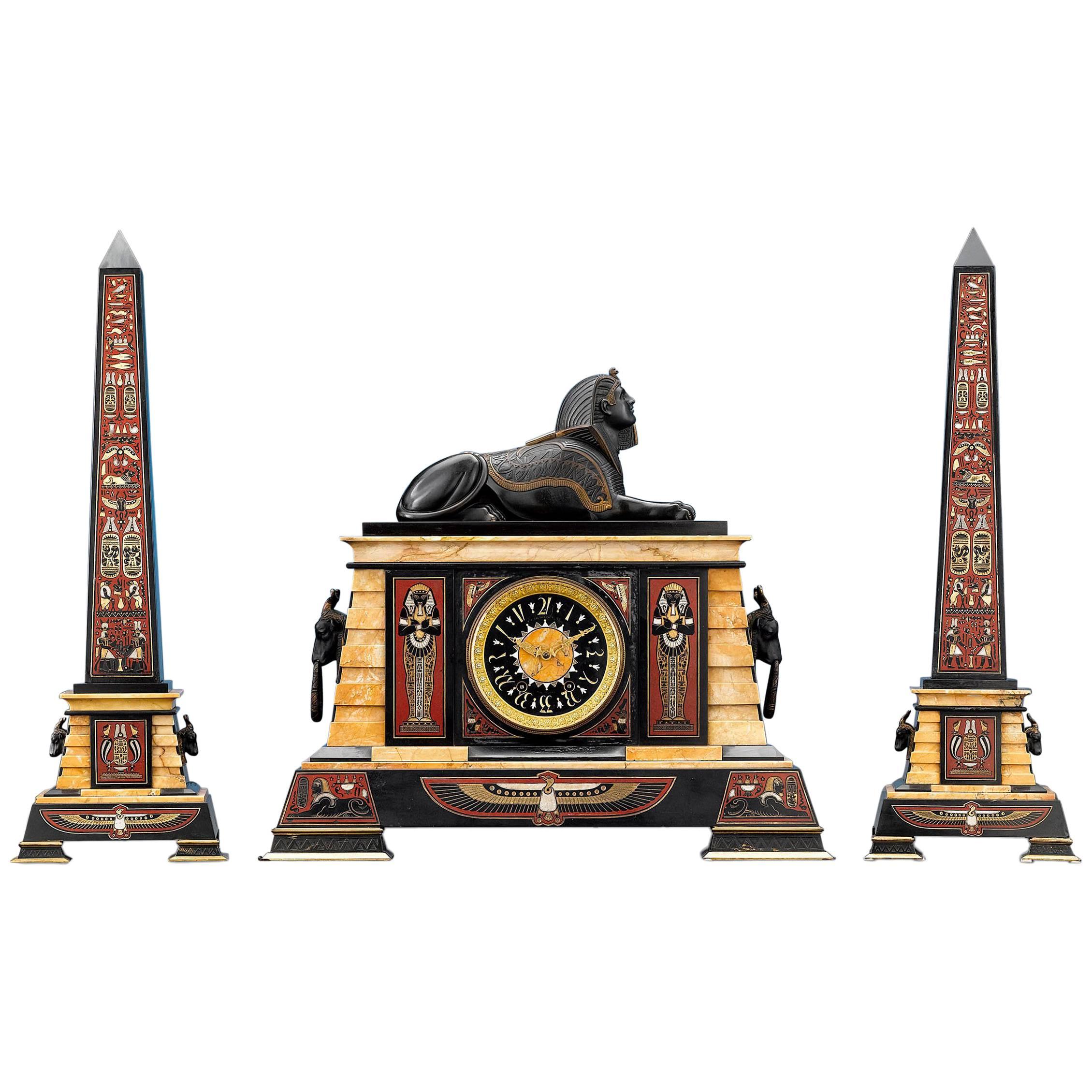 Egyptian Revival Clock Garniture