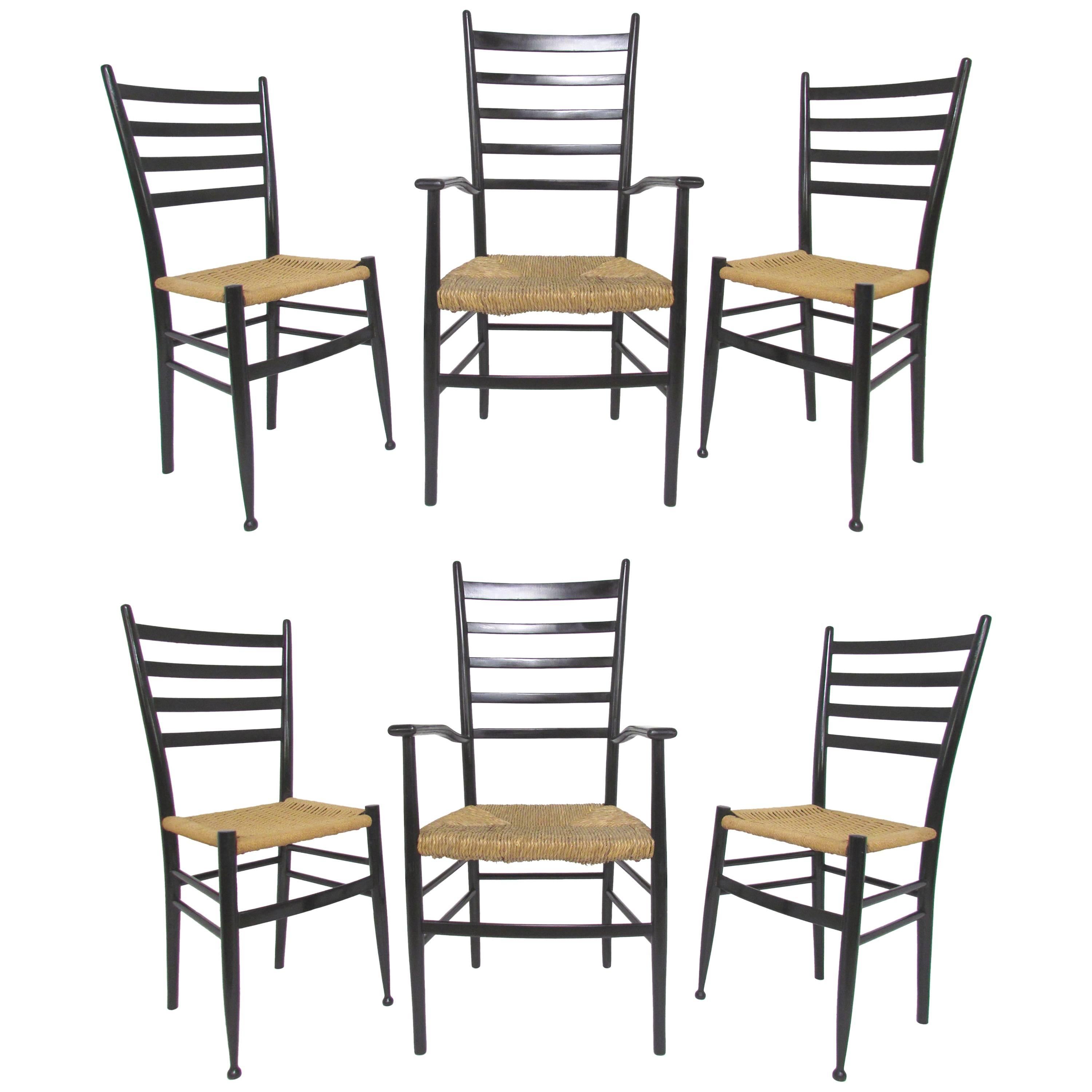 Set of Six Italian Ladder Back Dining Chairs in the Style of Gio Ponti