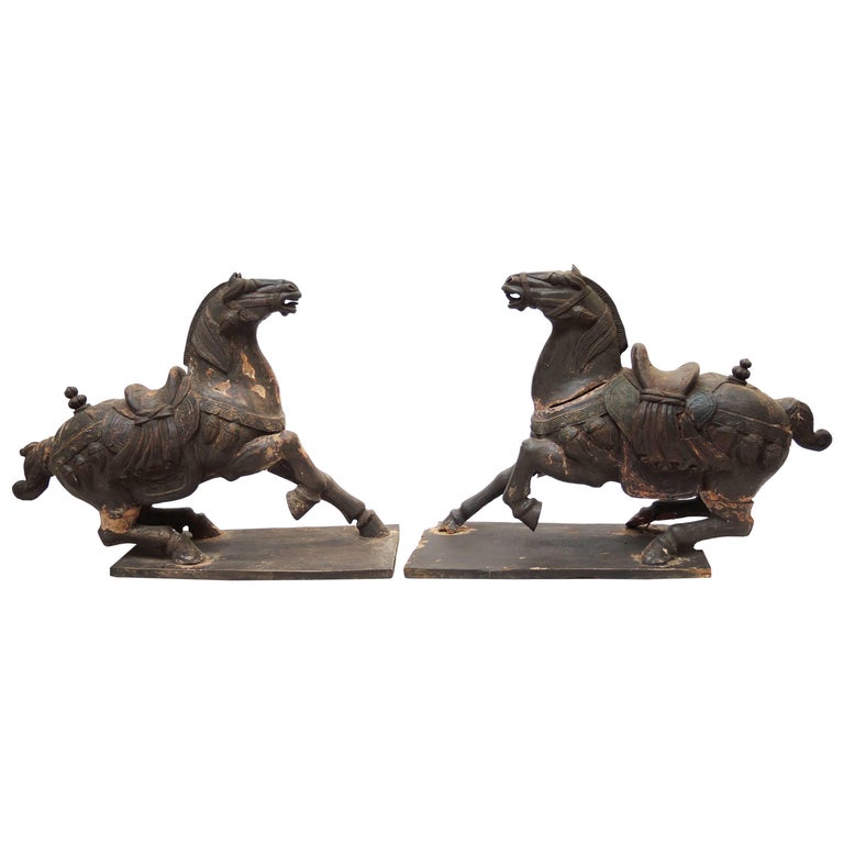 Pair of Large Antique Carved Wood Statues of Horses For Sale at 1stdibs