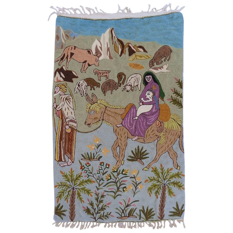 Mid century Tapestry Wall Hanging Crewelwork Naive Folk Art Nativity