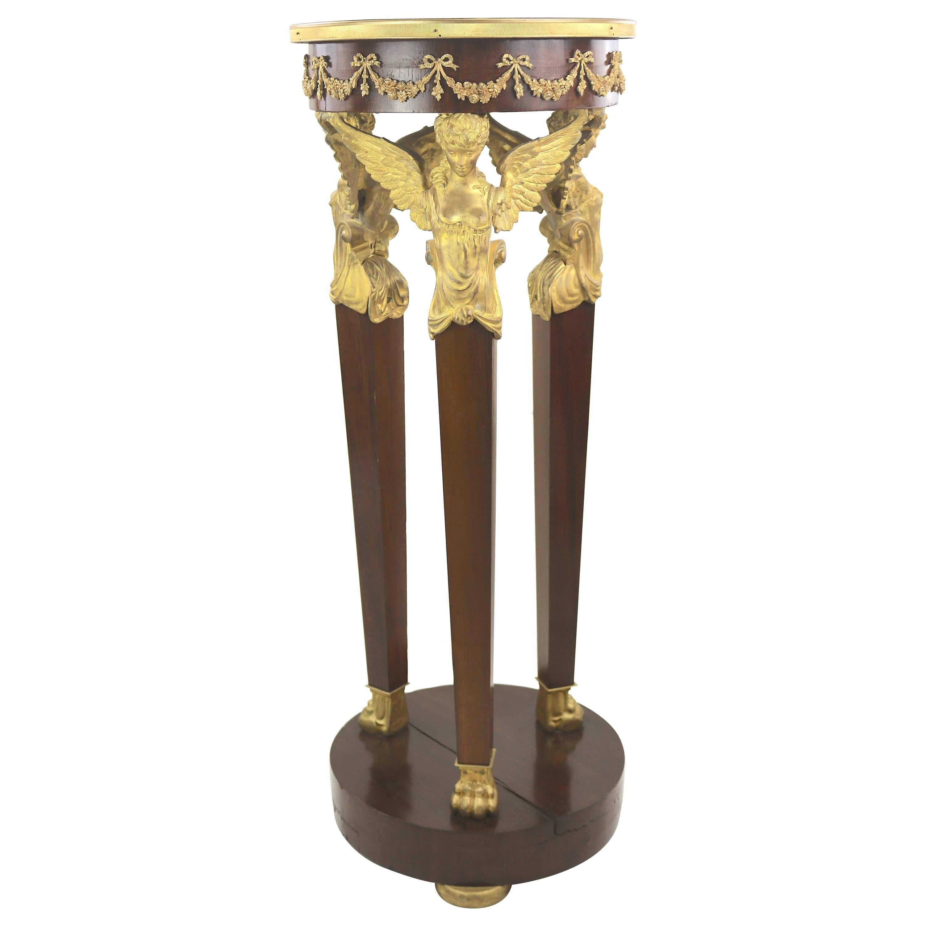 French Empire Period Gilt Mahogany Pedestal, Gilt Winged Caryatids For Sale