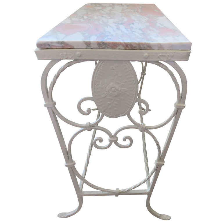 1920s, French Art Nouveau Marble and Decorated Iron Side Table For Sale