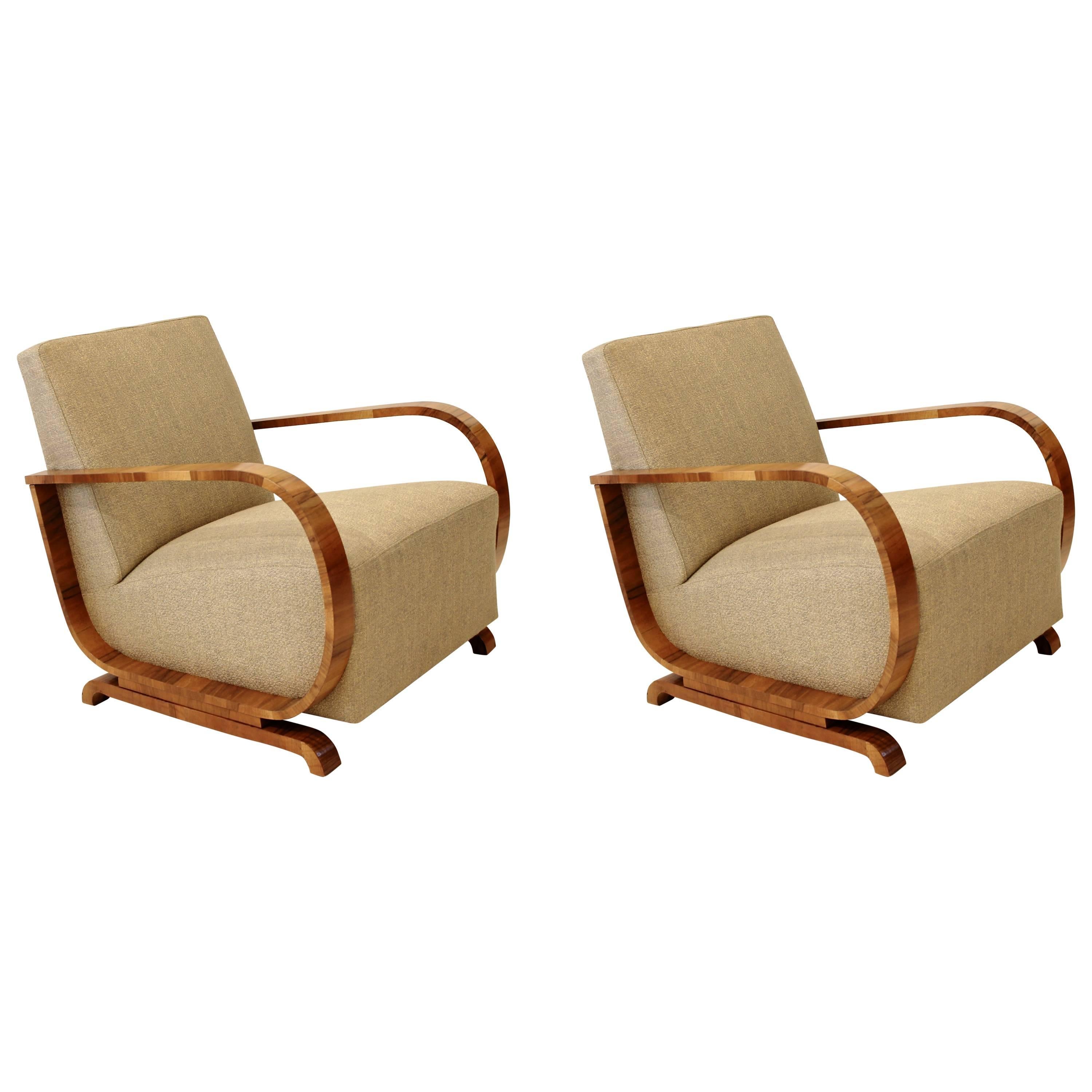 Pair of 1930s Art Deco Club Armchairs in Walnut and Pierre Frey Upholstery