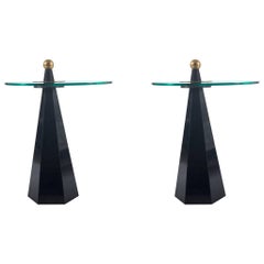 Pair of Modern Black Granite Glass and Brass Polyhedron Tables