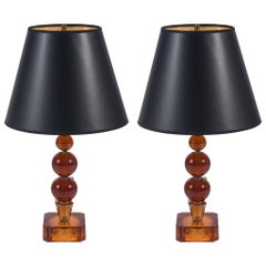 Vintage Pair of Amber Stacked Ball Glass Lamps with Black Paper Shades