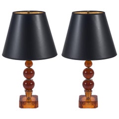 Vintage Pair of Amber Stacked Ball Glass Lamps with Black Paper Shades