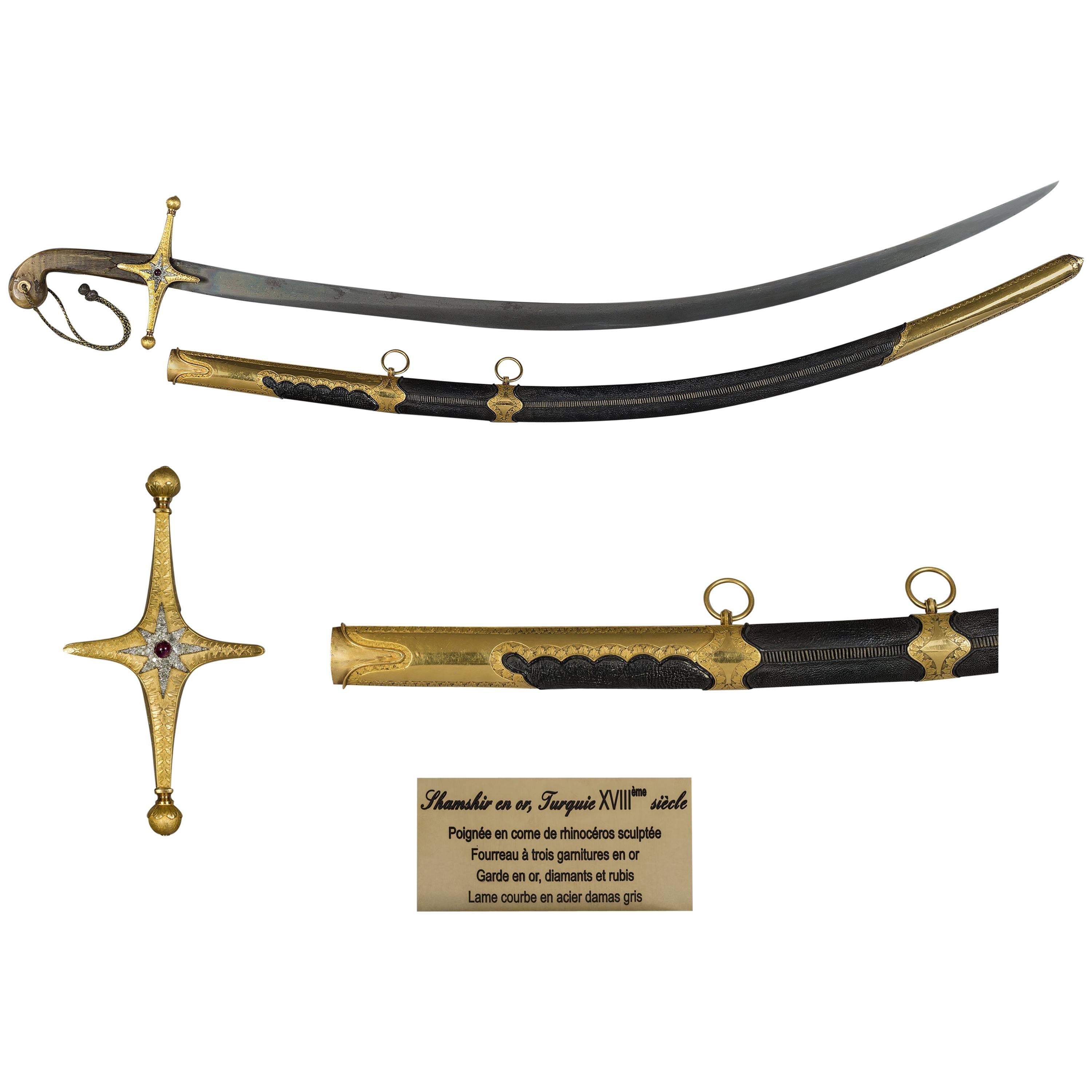 Shamshir Saber 18th Century Gold, Horn, Ruby and Diamonds For Sale