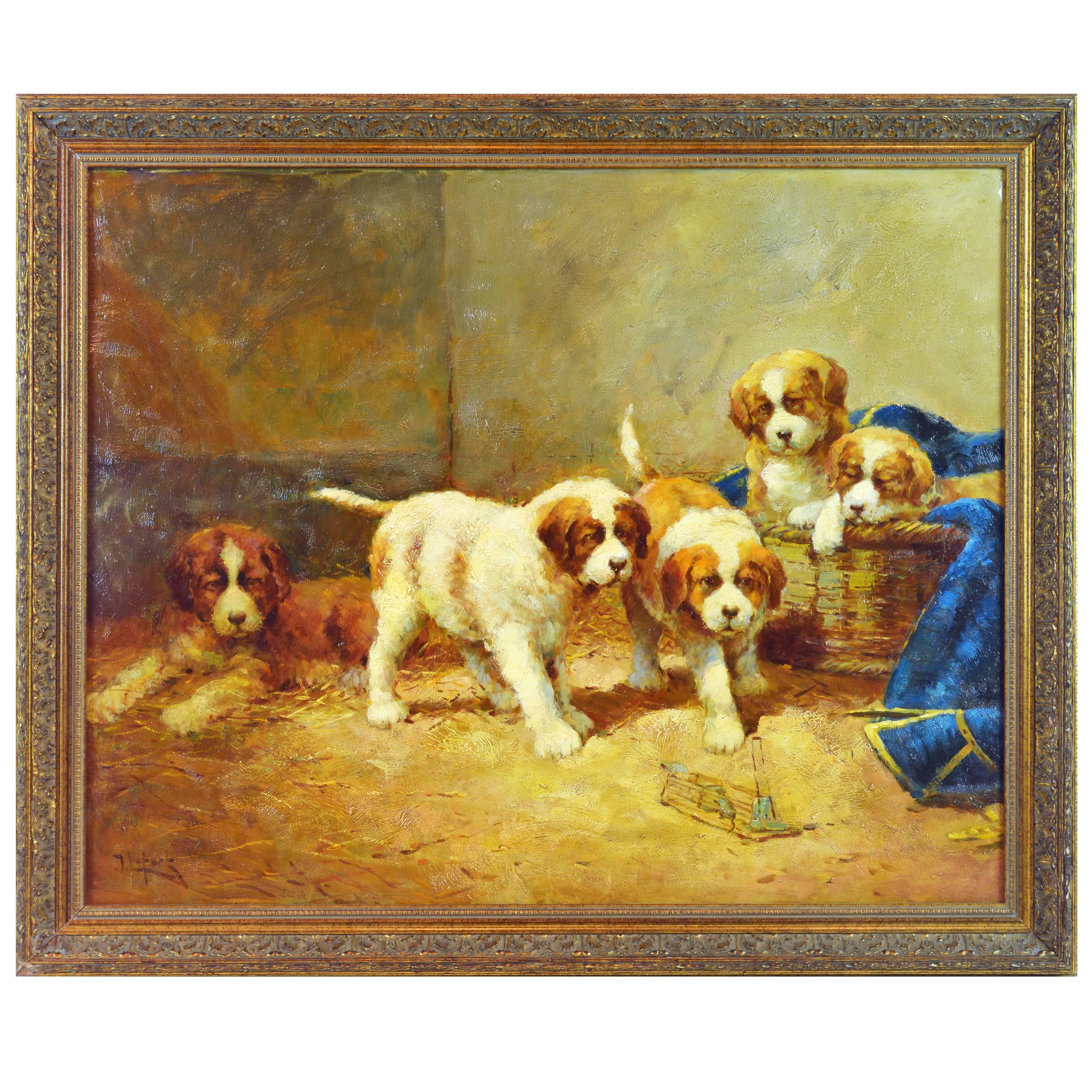 Family of St. Bernard Puppies Playing Around a Mouse Trap by Jean Lefort