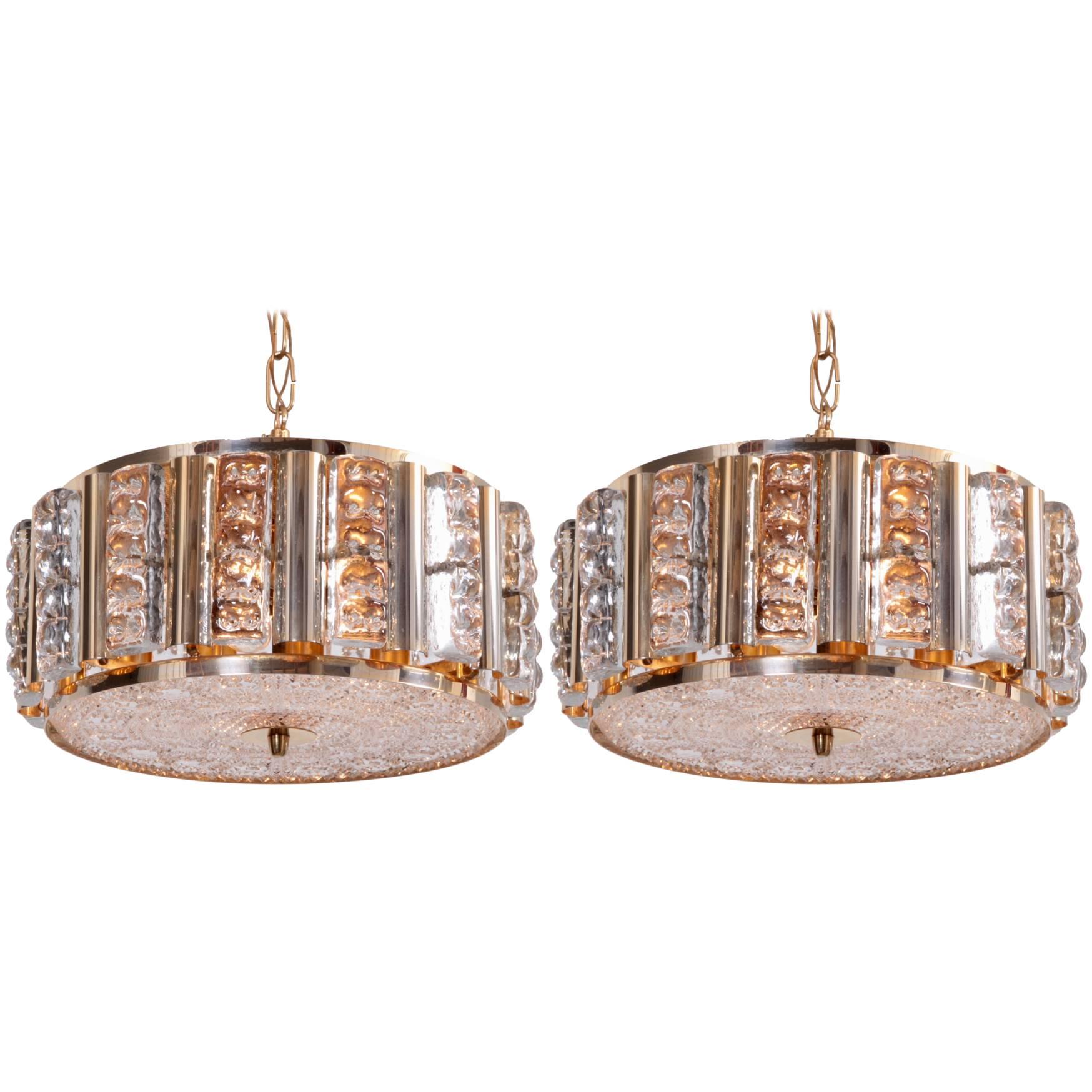 Pair of Carl Fagerlund Pendant Lamps in Brass and Orrefors Glass by Lyfa For Sale