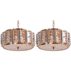 Pair of Carl Fagerlund Pendant Lamps in Brass and Orrefors Glass by Lyfa